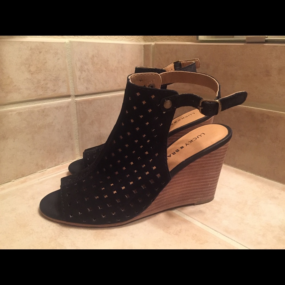 Lucky Brand Wedge, open heel, suede with cutouts